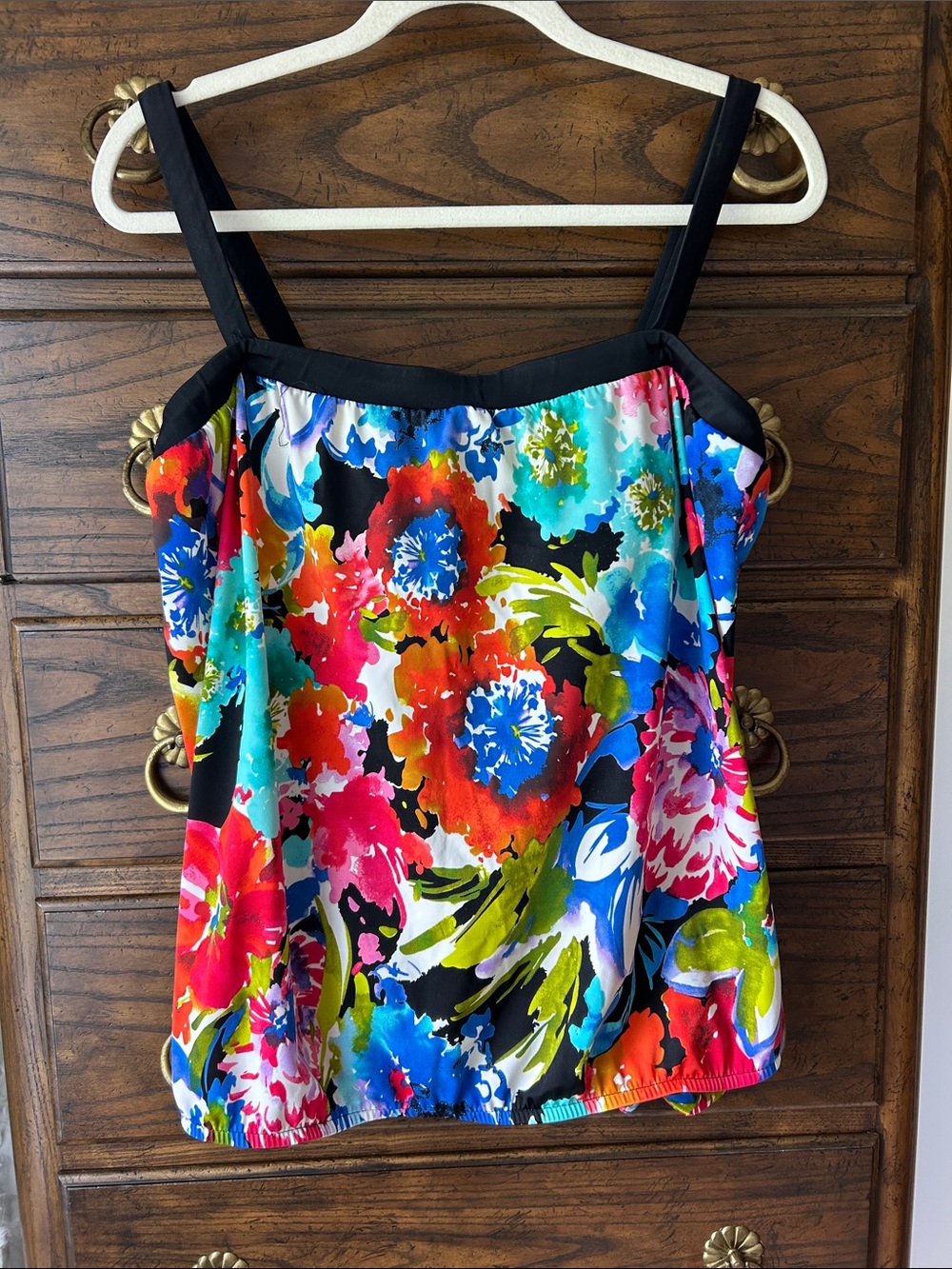 Maxine of Hollywood Bright Floral Swim Tankini Top with Black Trim, Size 20W